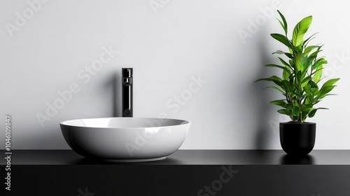 Modern bathroom sink with a plant on a stylish countertop against a grey wall.