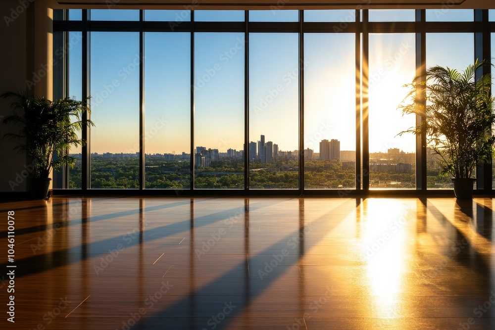 Fototapeta premium Modern interior with large windows showcasing a vibrant sunset view.