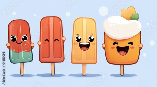 Four popsicles with smiles appear against a pastel blue background. Their delightful expressions and vivid colors convey joy and fun for everyone. photo