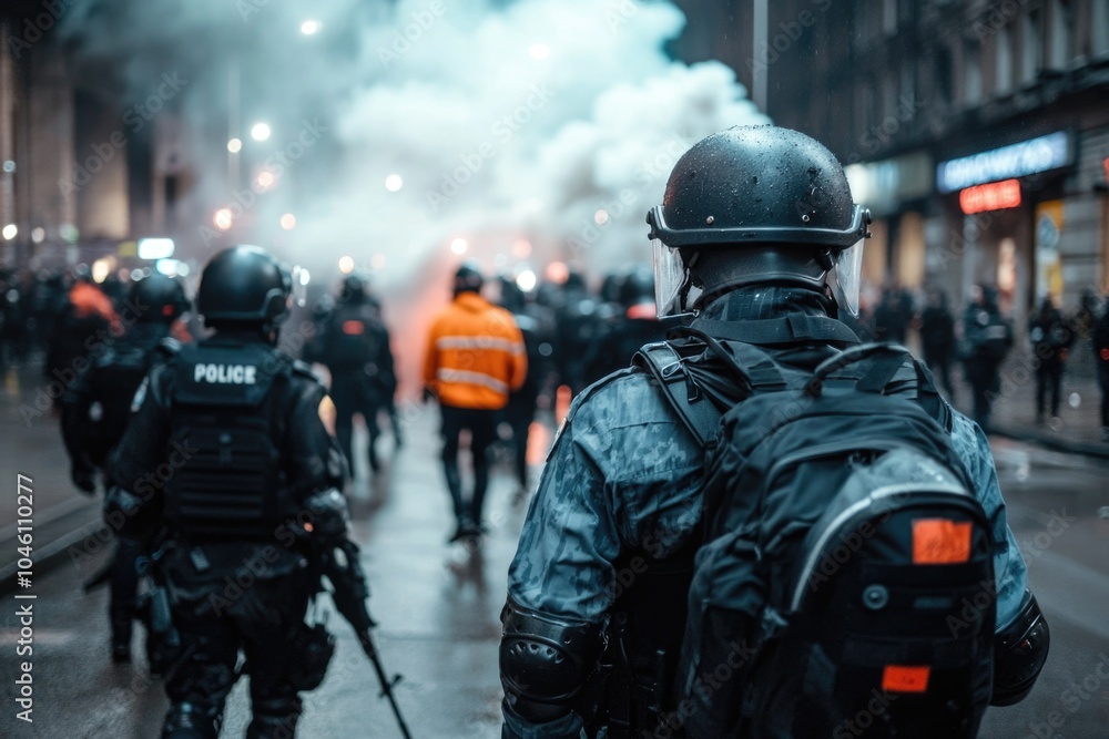 Street unrest: intense city riots featuring violent protest march, with explosions, smoke filling the air, showcasing conflict between angry demonstrators, police amidst chaos of urban disaster. Street unrest: intense city riots featuring violent protest march, with explosions, smoke filling the air, showcasing conflict between angry demonstrators, police amidst chaos of urban disaster.