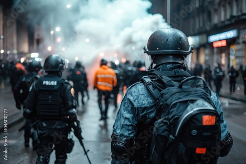 Street unrest: intense city riots featuring violent protest march, with explosions, smoke filling the air, showcasing conflict between angry demonstrators, police amidst chaos of urban disaster.