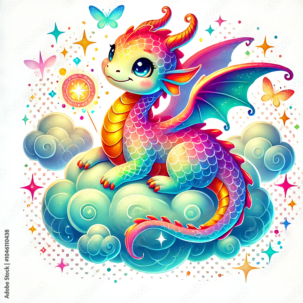 Fototapeta premium Playful Dragon with Glowing Rainbow Scales, Generative Ai