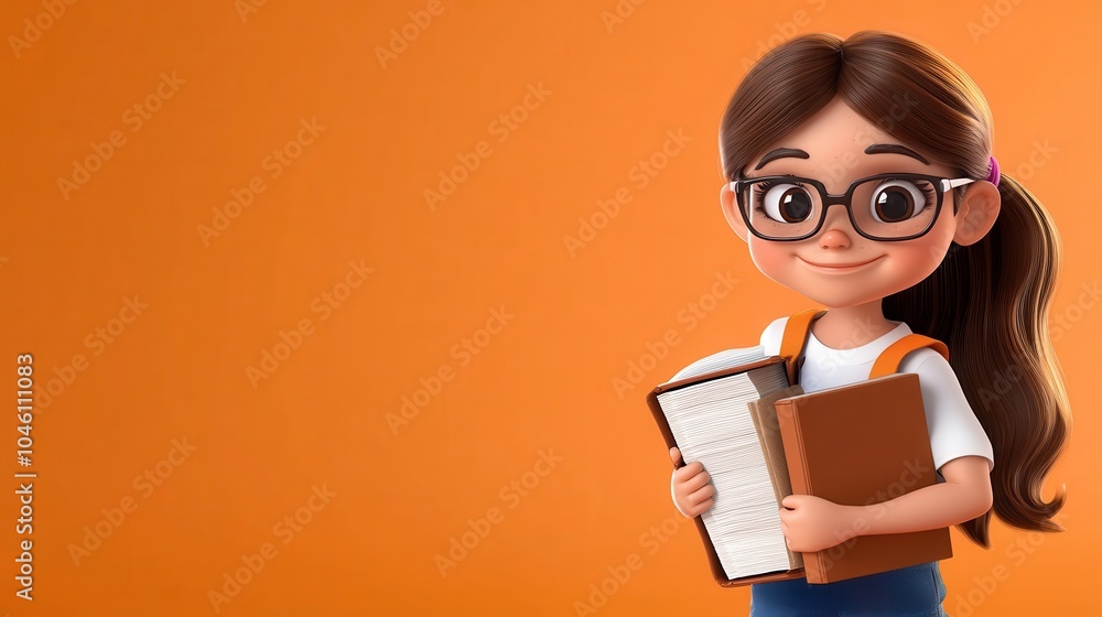 A joyful animated girl with long hair and glasses, holding books on a bright orange backdrop, representing a passion for learning and cheerful positivity. A joyful animated girl with long hair and glasses, holding books on a bright orange backdrop, representing a passion for learning and cheerful positivity.
