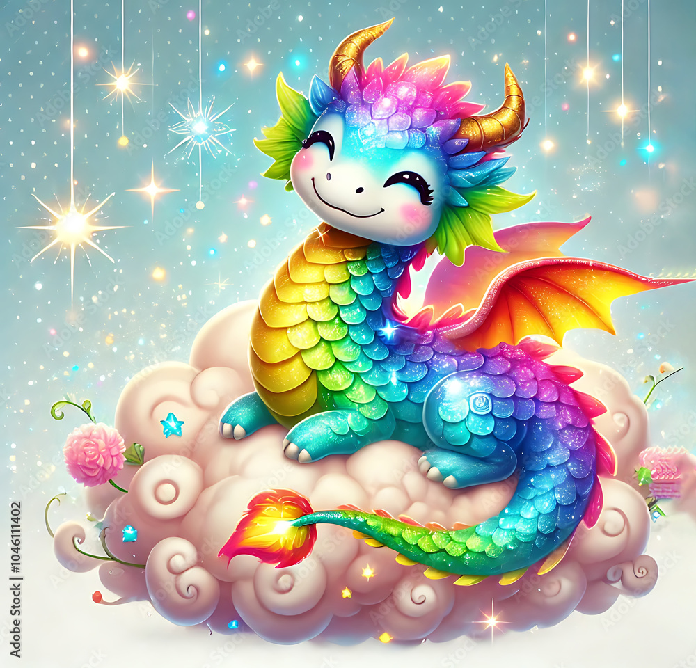 Fototapeta premium Happy Dragon with Glowing Rainbow Scales, Generative Ai