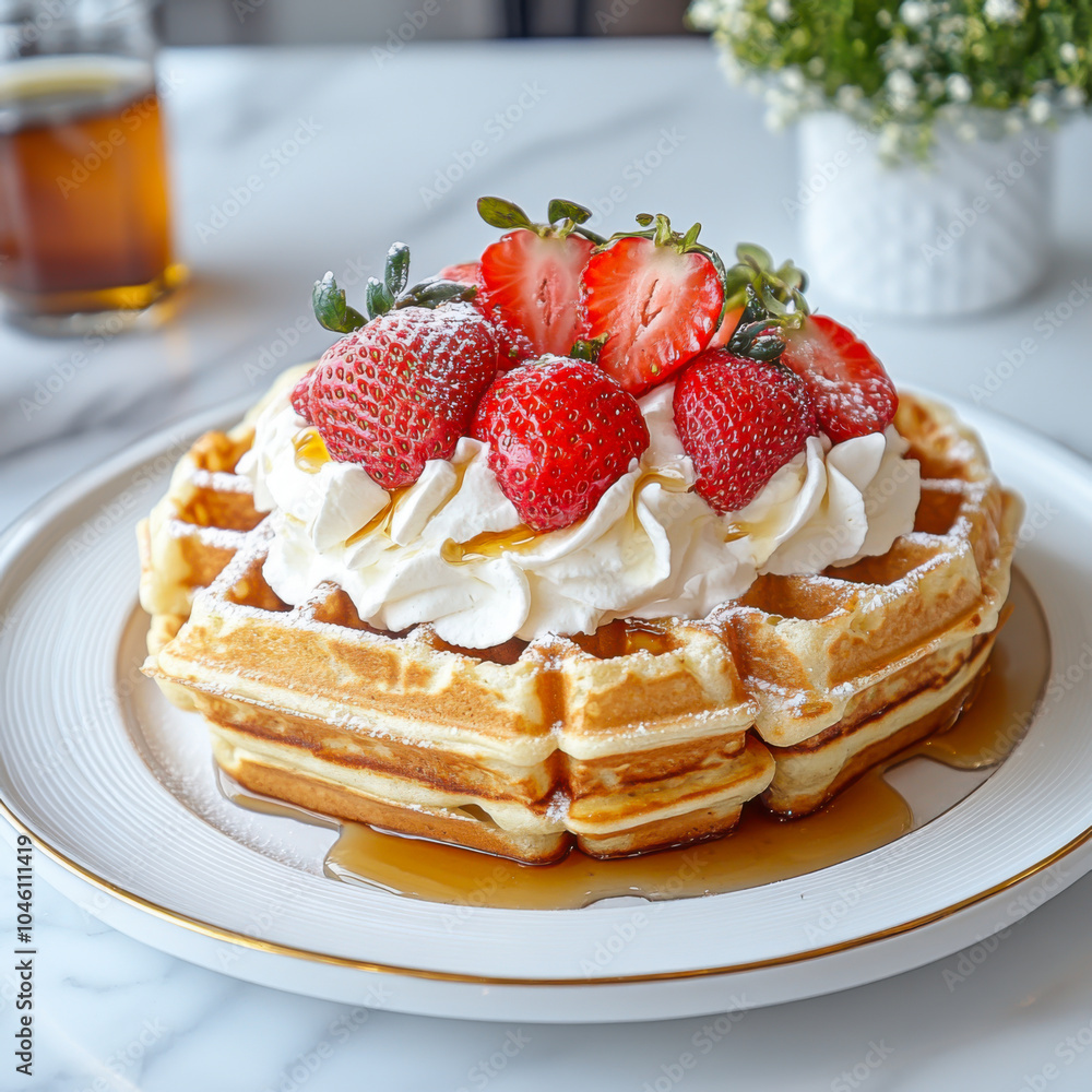 waffles with strawberries and whipped cream waffles with strawberries and whipped cream