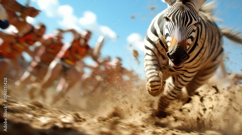 A vibrant zebra races energetically while pursued by blurred human figures in the background, capturing the essence of speed and wildness in a dramatic scene. A vibrant zebra races energetically while pursued by blurred human figures in the background, capturing the essence of speed and wildness in a dramatic scene.