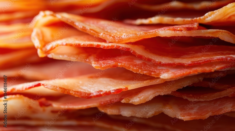 An artistic closeup of bacon's savory layers, showcasing its rich texture and inviting aroma in a modern food photography genre, emphasizing appetite appeal. An artistic closeup of bacon's savory layers, showcasing its rich texture and inviting aroma in a modern food photography genre, emphasizing appetite appeal.