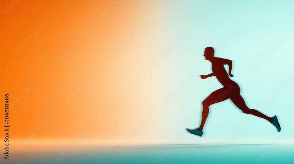 A dynamic silhouette of a runner in mid-stride against a vibrant gradient background of orange and blue hues, symbolizing speed, energy, and determination. A dynamic silhouette of a runner in mid-stride against a vibrant gradient background of orange and blue hues, symbolizing speed, energy, and determination.