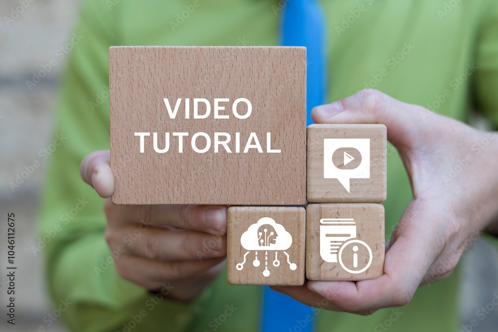 User holding wooden blocks sees inscription: ONLINE LIBRARY. E-learning education concept. Online learning with webinar, video tutorial, internet lessons.
