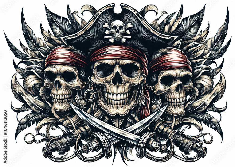 Fototapeta premium TRIBAL TATOO トライバル タトゥ 刺青 和柄 ドクロ 海賊 インディアン