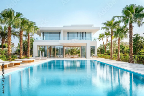 white villa with impressive garden and pool