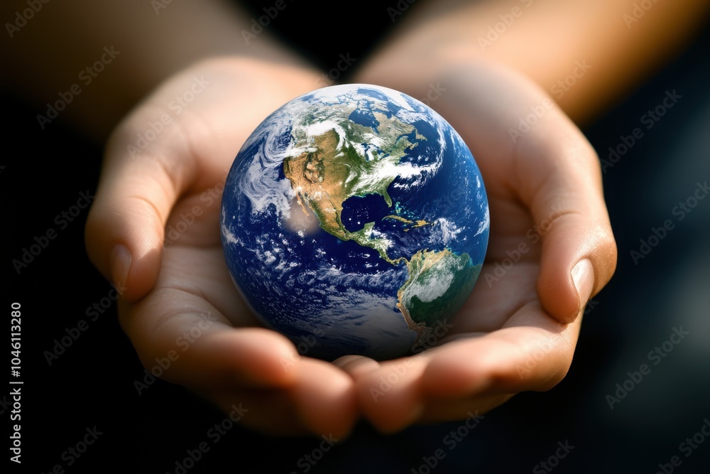 A pair of hands holding a miniature Earth, symbolizing the responsibility and care humans must take to ensure the planet's future A pair of hands holding a miniature Earth, symbolizing the responsibility and care humans must take to ensure the planet's future