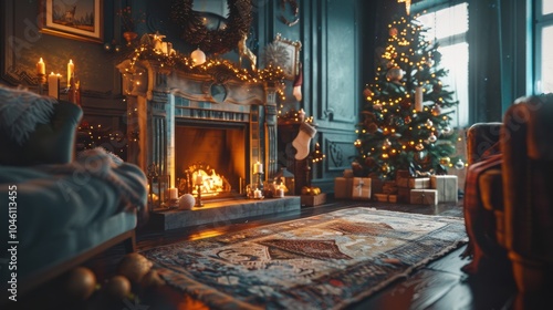 Cozy living room decorated for Christmas with a lit fireplace, Christmas tree, glowing lights, candles, and wrapped gifts, creating a warm holiday atmosphere.