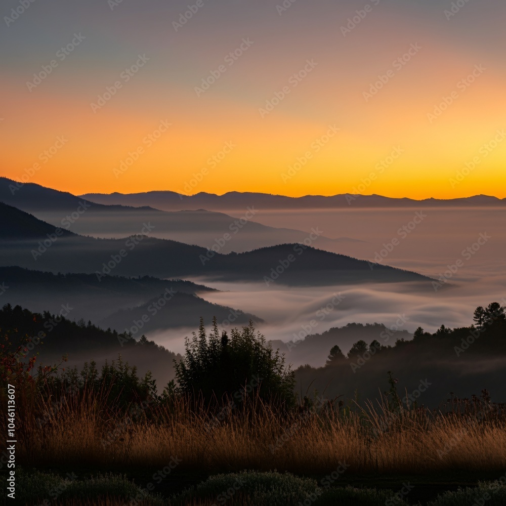 Serene sunrise over a misty mountain range Serene sunrise over a misty mountain range