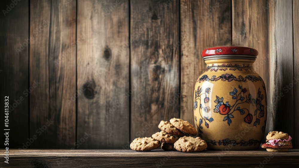 Rustic scene with cookies and decorated ceramic jar on wooden shelf Rustic scene with cookies and decorated ceramic jar on wooden shelf