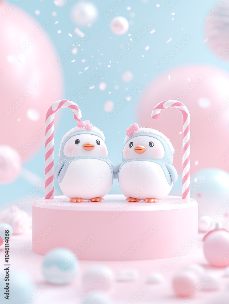 Charming cute penguin figurines with colorful candy canes surrounded by soft pastel balls in a delightful winter wonderland setting