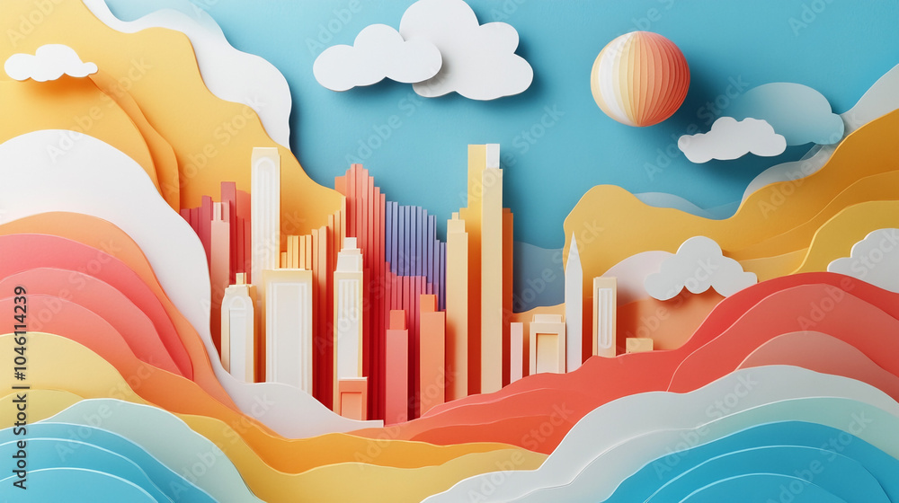 Vibrant Cityscape in Abstract Paper Art Style. A colorful, stylized city skyline emerges from layered paper, surrounded by serene clouds and waves in bright hues. Vibrant Cityscape in Abstract Paper Art Style. A colorful, stylized city skyline emerges from layered paper, surrounded by serene clouds and waves in bright hues.