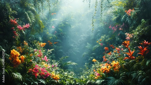 A misty rainforest filled with vibrant green foliage and exotic flowers, captured in a textured 3D oil painting.