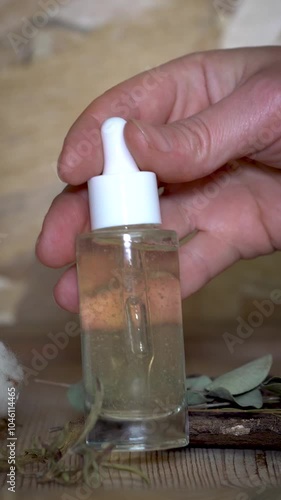 Natural cosmetic in a glass transparent dropper bottle with a pipette with a gel liquid cosmetic. Homemade face serum. Wooden, beige background with cotton and eucalyptus.