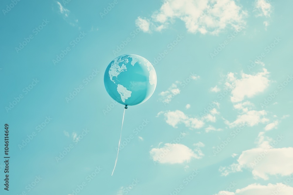 An Earth-shaped balloon floating in the sky, symbolizing the hope for a bright future and the delicate nature of our planet An Earth-shaped balloon floating in the sky, symbolizing the hope for a bright future and the delicate nature of our planet