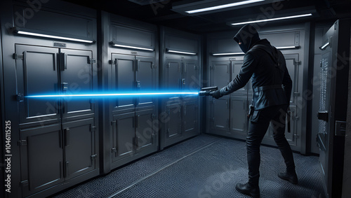 In the dead of night, a thief uses advanced laser technology to penetrate a secure vault, evading intricate security systems with precision and stealth. photo