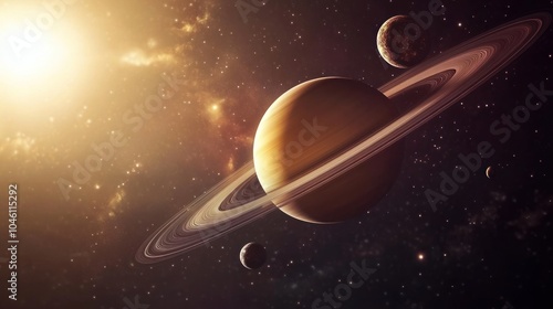 A stunning image of Saturn, its rings, and moons in the vast expanse of space, illuminated by the radiant glow of a distant sun.