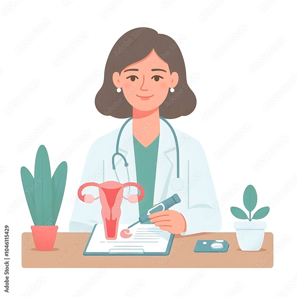 Flat, isolated illustration of a gynecologist wearing a lab coat, holding medical tools. The design features clean lines and a simple, professional appearance, ideal for healthcare-related visuals. Flat, isolated illustration of a gynecologist wearing a lab coat, holding medical tools. The design features clean lines and a simple, professional appearance, ideal for healthcare-related visuals.