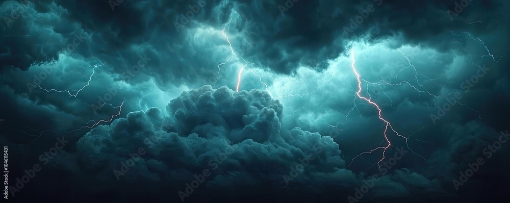 Dramatic storm clouds illuminated by flashes of lightning at night. Dramatic storm clouds illuminated by flashes of lightning at night.