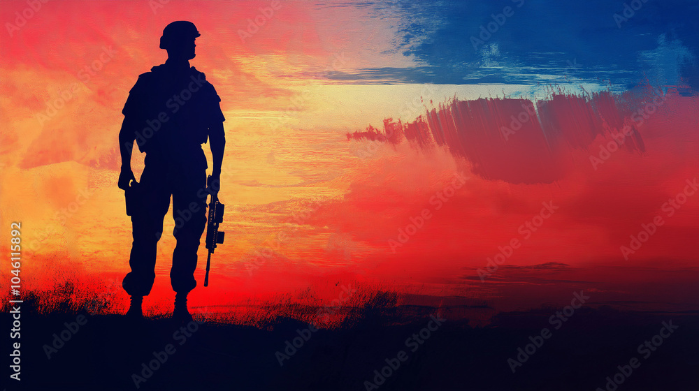 Veterans Day,soldier stands tall on a hilltop at dawn,silhouetted against a colorful sunset sky filled with shades of red,orange,and blue,creating a serene atmosphere,copy space Veterans Day,soldier stands tall on a hilltop at dawn,silhouetted against a colorful sunset sky filled with shades of red,orange,and blue,creating a serene atmosphere,copy space