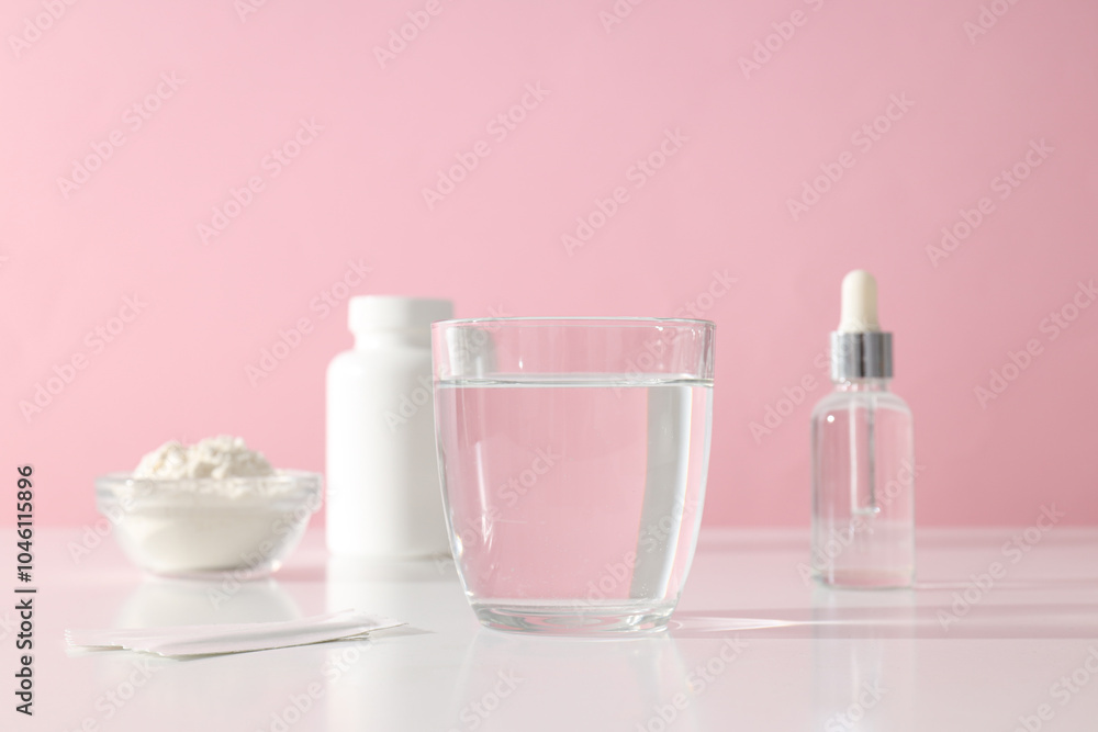 Collagen powder with a glass of water Collagen powder with a glass of water
