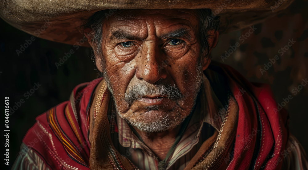 Authentic gaucho portrait. A man with a cowboy hat and beard is looking at the camera Authentic gaucho portrait. A man with a cowboy hat and beard is looking at the camera