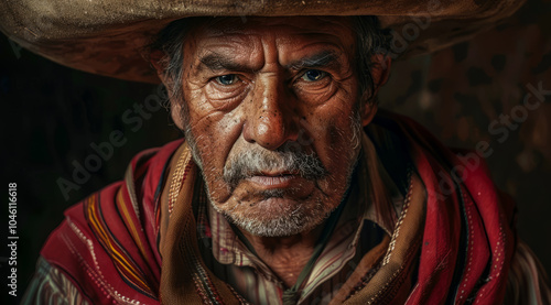 Authentic gaucho portrait. A man with a cowboy hat and beard is looking at the camera