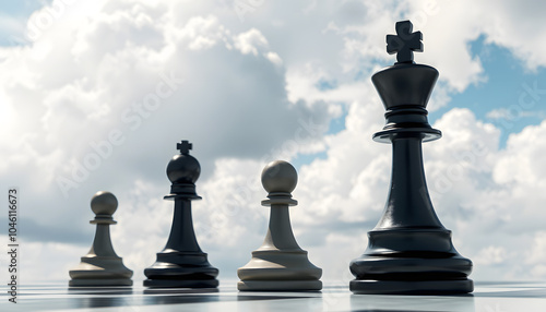 Pawn is ahead of the others. Cloudy sky. Leadership concept. Success. Abstraction. Business isolated with white highlights, png photo