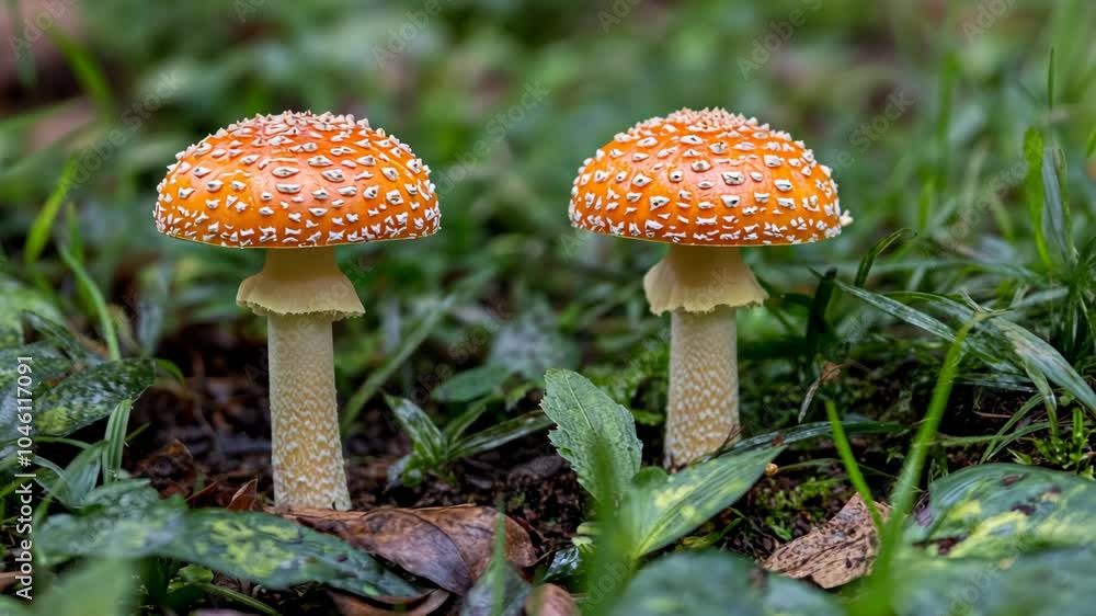 Two orange and white mushrooms grow in the forest Two orange and white mushrooms grow in the forest