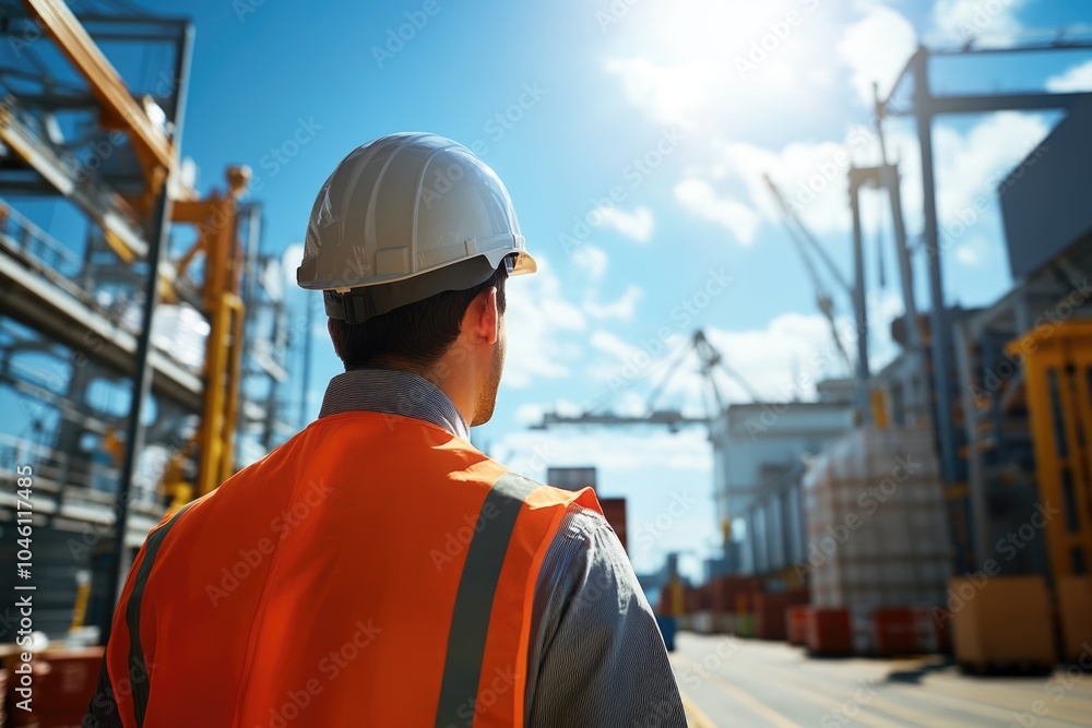 Realistic candid photo of a logistics manager at the shipyard warehouse, overseeing the organized flow of operations with a bright blue sky overhead. The photograph’s professional aesthetic is styled Realistic candid photo of a logistics manager at the shipyard warehouse, overseeing the organized flow of operations with a bright blue sky overhead. The photograph’s professional aesthetic is styled