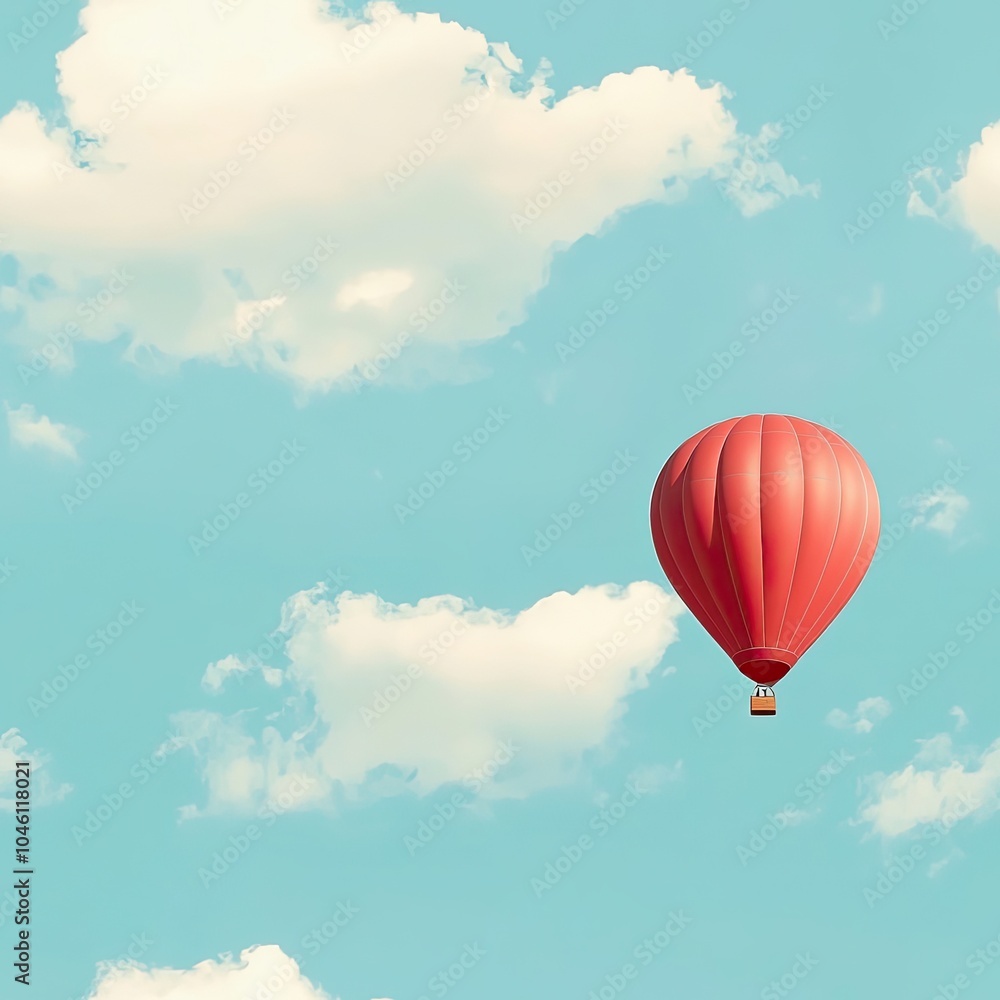 Naklejka premium A Single Red Hot Air Balloon Flying Against a Blue Sky with White Clouds