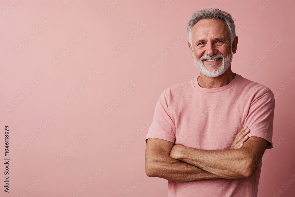 Obraz premium Half body shot of a senior man, smiling warmly, standing against a solid soft pink background with space for text