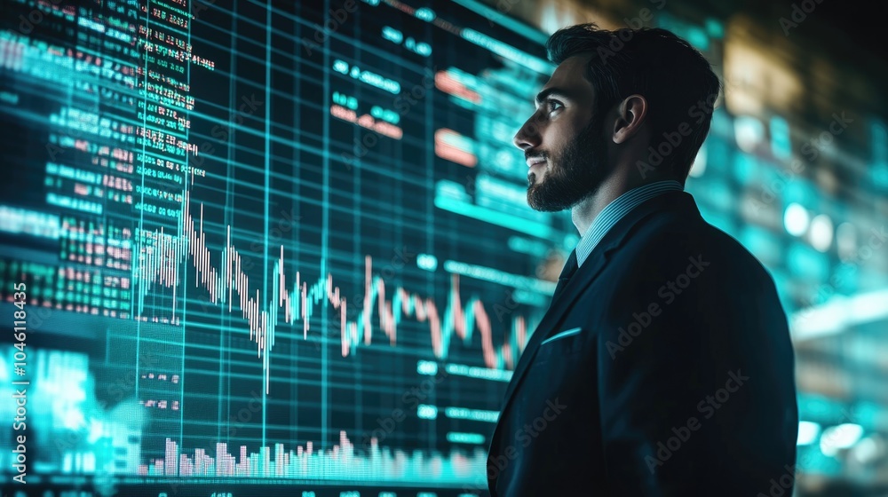 Fototapeta premium Very realistic photo of a businessman showcasing a rising financial chart with stock market data in the background Emphasizing corporate growth and financial success Styled like a high-end lifestyle