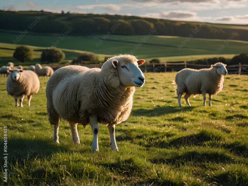 Fototapeta premium A_beautiful_grassy_field_where_white_wool_sheep_are_peacefully_grazing(3).