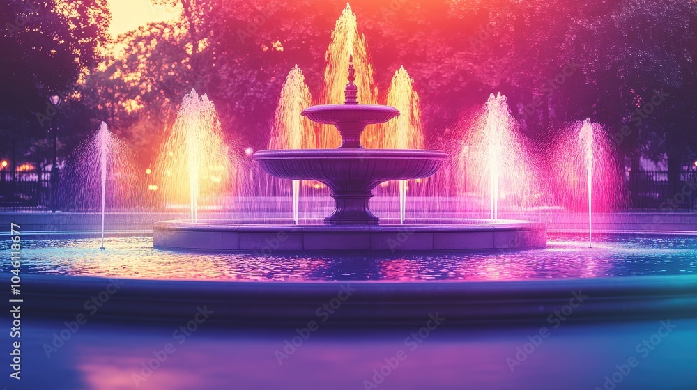 Obraz premium Colorful Fountain Display in Public Park at Sunset