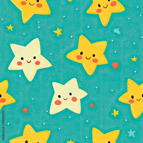 Smiling Yellow and Cream Stars on a Blue Background