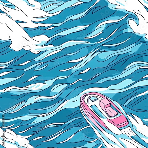 A Pink Boat Navigating Through Wavy Blue Waters photo