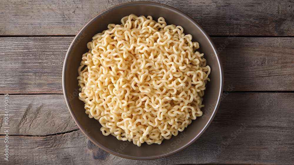Instant noodles in a plate isolated on a wooden table