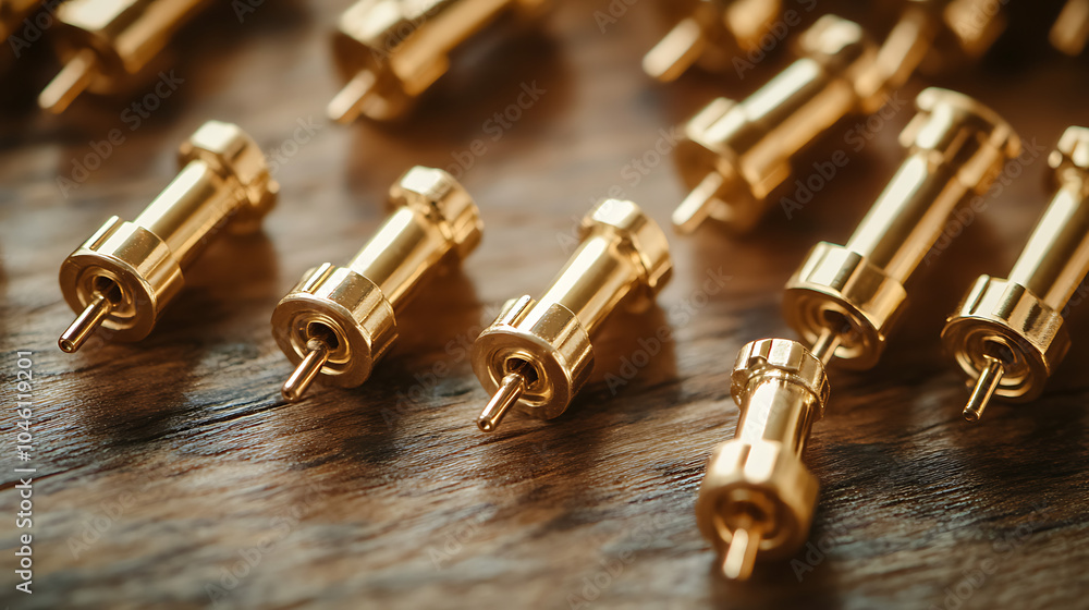 High-frequency SMA connectors Gold plated pins isolated on a wooden table High-frequency SMA connectors Gold plated pins isolated on a wooden table