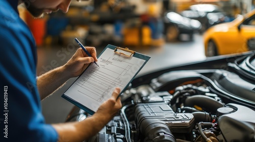 High-resolution photorealistic image of an auto mechanic writing a checklist on a clipboard while inspecting a car engine. The modern car service shop with organized tools and equipment creates a photo