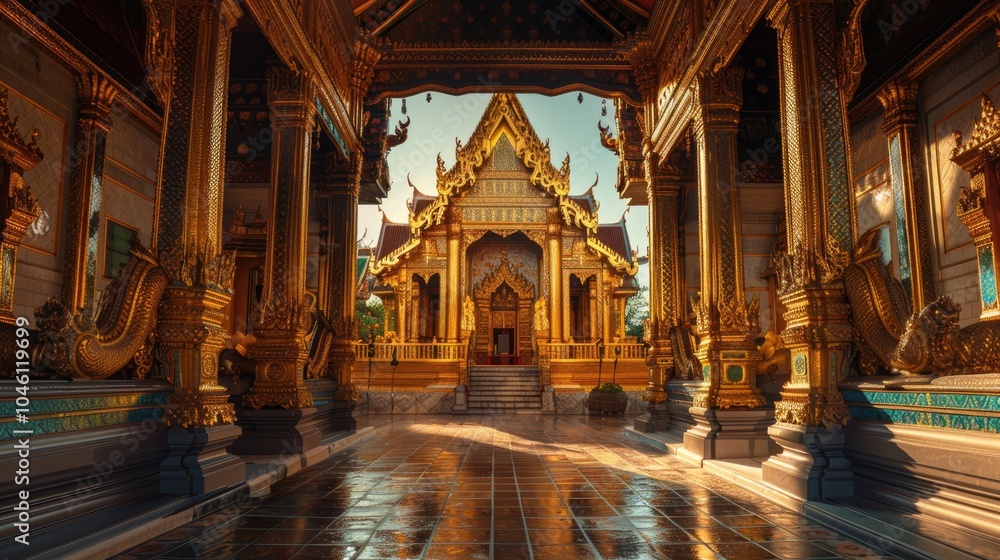 Obraz premium Hyperrealistic golden temple in Thailand, Nikon D5 raw photo with detailed architecture