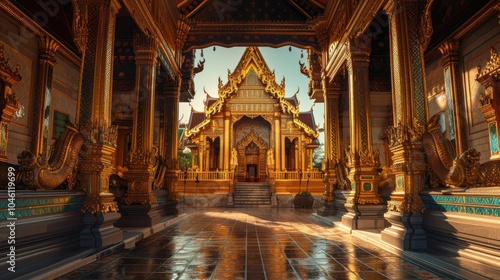 Hyperrealistic golden temple in Thailand, Nikon D5 raw photo with detailed architecture