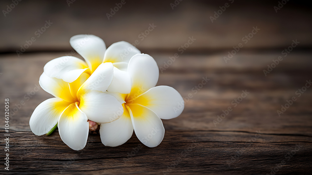 Frangipani isolated on a wooden table Frangipani isolated on a wooden table