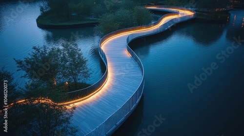 Scenic Pedestrian Bridge at Night Over Water photo