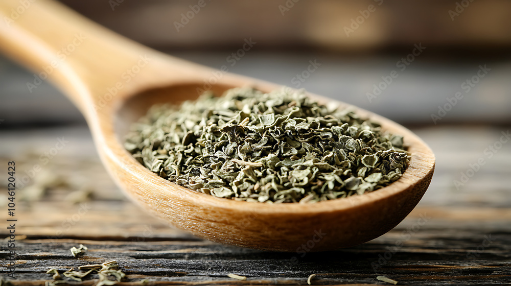 Dried oregano in wood spoon isolated on a wooden table Dried oregano in wood spoon isolated on a wooden table
